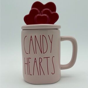 Pre Owned Rae Dunn Valentine Theme Candy Hearts Pink And Red Text Mug With Lid